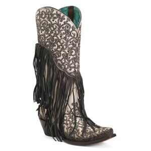 CORRAL BOOTS Mexico Leather Embroidered Fringe Trim Western Boots